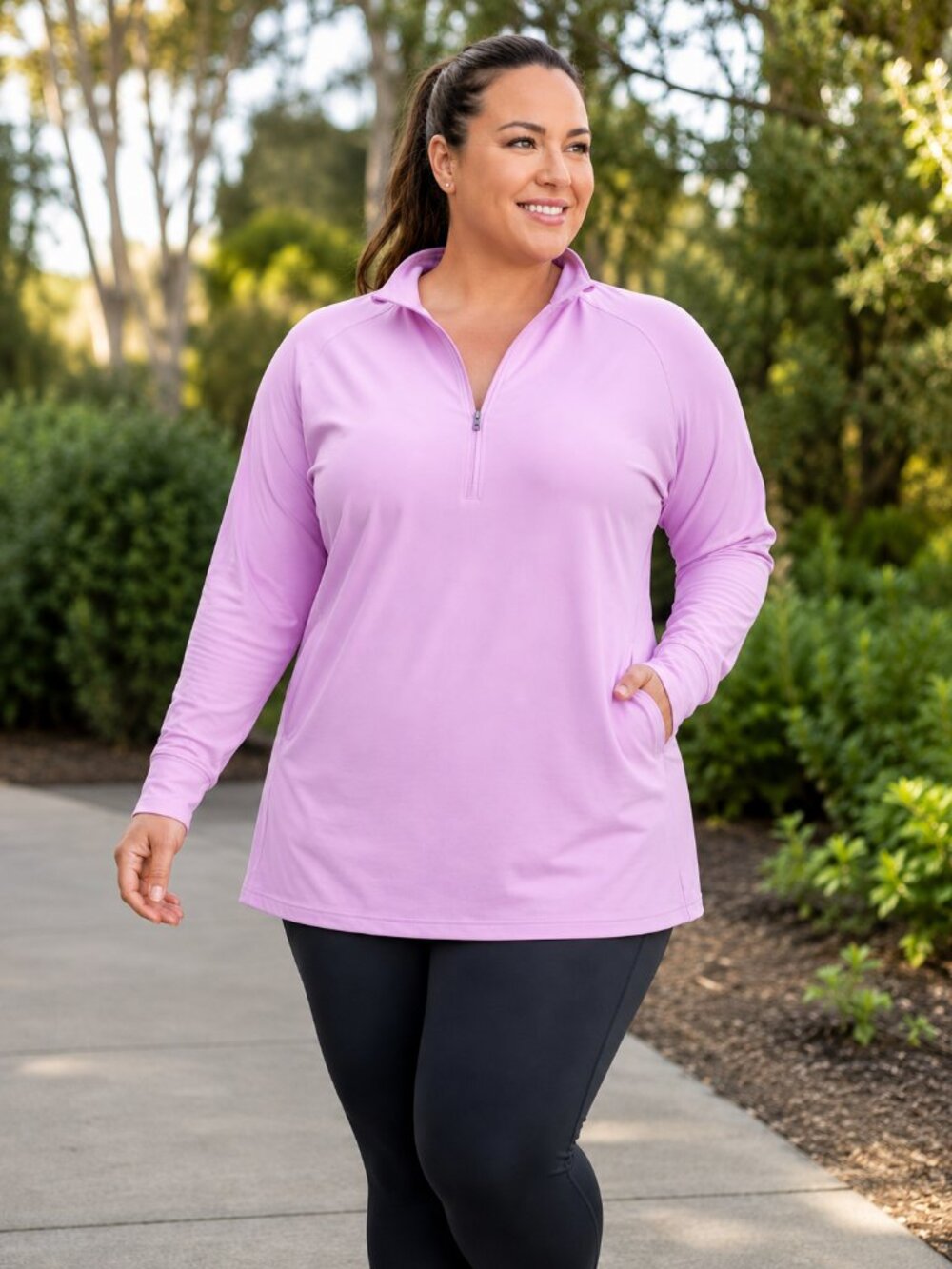 JOCKEY Top Tunic 1/4 Zip Long Sleeve with Thumb Slits Pink 1X
